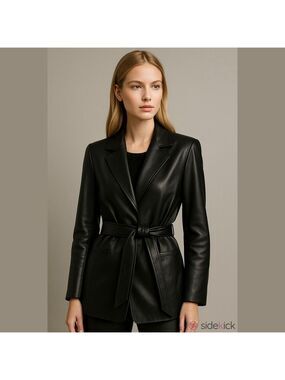 WinterSilks Women's Black 100% Leather Belted Jacket Medium Silk Lining Vintage